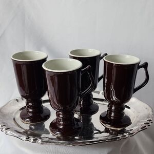 Vintage Irish Coffee Chocolate Brown Hall Pottery Pedestal Mugs Set of 4